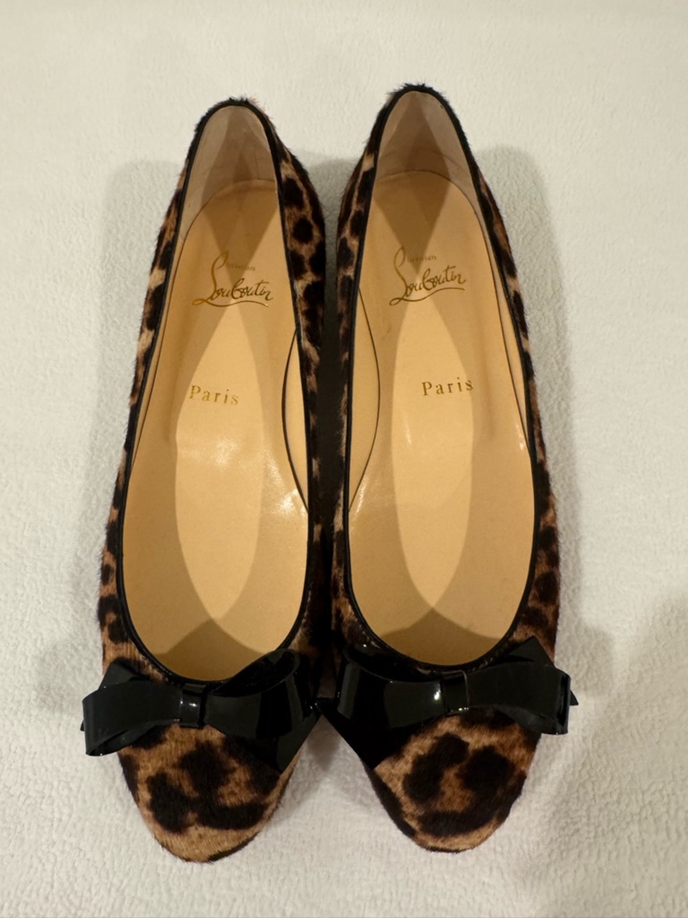 Christian Louboutin Leopard Haircalf Ballet Flats with Black Patent Bow